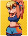  2021 anthro bra brachyzoid breasts cleavage clothed clothing female lagomorph leporid lola_bunny looking_at_viewer looney_tunes mammal midriff rabbit smile solo sports_bra underwear warner_brothers 