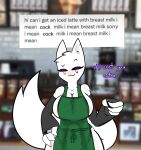  anthro apron apron_only areola armwear blush breasts bulge cafe cleavage clothed clothing container cup domestic_cat ear_piercing elbow_gloves english_text felid feline felis fur gloves green_apron gynomorph handwear hi_res holding_cup holding_object i_mean_breast_milk intersex long_tail mammal meme mostly_nude piercing pointy_fingers side_boob solo text tfwnocatgirlgf tomboy white_body white_fur yellow_eyes 