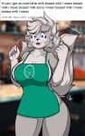  10:16 anthro apron apron_only big_breasts blue_eyes breasts canid canine canis cleavage clothed clothing coloredprinter curvy_figure english_text eyelashes female fur green_apron grey_body grey_fur grey_hair hair hi_res i_mean_breast_milk looking_at_viewer mammal meme mostly_nude multicolored_body multicolored_fur open_mouth partially_clothed solo surprised_expression text thick_thighs two_tone_body two_tone_fur voluptuous wolf 