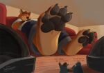  2017 anthro belly bottomwear canid canine clothing disney dj-rodney eyes_closed feet foot_fetish fox fur gideon_grey group male mammal micro orange_body orange_fur overweight overweight_male pants shirt sitting sleeping topwear ursid zootopia 