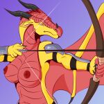  1:1 absurd_res anthro areola armor arrow belt bow_(weapon) breasts claws clothed clothing dragon female gradient_background half-length_portrait hi_res hirothedragon holding_object holding_weapon horn looking_away nipples partially_clothed pink_eyes portrait pupils ranged_weapon red_areola red_body red_scales redcrest_(spring) reptile scales scalie simple_background skywing_(wof) slit_pupils solo weapon western_dragon wings wings_of_fire yellow_body 