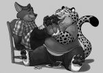  2017 anthro benjamin_clawhauser bottomwear chair cheetah clothing dessert disney dj-rodney duo eyes_closed felid feline food food_fetish food_play foot_fetish foot_lick foot_play furniture gideon_grey humanoid_hands licking male mammal monochrome overweight overweight_male pants pie shirt sitting tickling tongue tongue_out topwear zootopia 