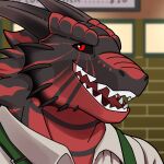  1:1 absurd_res anthro black_body clothing davec dragon headshot_portrait hi_res horn looking_at_viewer male portrait red_eyes red_stripes scalie sharkiedude solo striped_body stripes teeth 