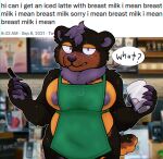  anthro apron apron_only blush breasts clothing coffee_shop container cup english_text female feralsoren green_apron grumpy holding_cup holding_object i_mean_breast_milk looking_at_viewer mammal meme mostly_nude nipple_slip nipples overweight solo text ursid wide_hips 