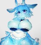  absurd_res anthro big_breasts biped blue_body blush bovid breasts caprine clothing eyebrows female goo_creature hi_res holding_object horn looking_at_viewer maid_uniform mammal purple_eyes simple_background solo uniform utterangle 