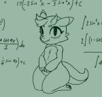  anthro big_butt blasticussaturn breasts butt calculus calculus_dragon_(blasticussaturn) dragon eyelashes fangs featureless_breasts female green_background horn kneeling looking_at_viewer math monochrome nude pawpads simple_background small_breasts solo text wide_hips 