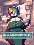  absurd_res anthro apron apron_only areola areola_slip beverage big_areola big_breasts black_and_white_fur breasts clothing coffee coffee_cup coffee_shop container cup curvy_figure dialogue_box english_text female giant_panda green_apron green_eyes hair hi_res i_mean_breast_milk lapinbeau mammal meme mostly_nude multicolored_hair overweight overweight_female prisma_lin rainbow_hair slightly_chubby solo text text_on_apron text_on_clothing thick_thighs unamused ursid voluptuous wide_hips 