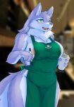  absurd_res anthro apron apron_only areola areola_slip beverage blush bodily_fluids breasts canid canine canis clothed clothing coffee female fingers fur green_apron green_eyes grey_body grey_fur hi_res i_mean_breast_milk inside kemono lactating lactating_through_clothing mammal meme mostly_nude open_mouth portrait signature solo standing thick_thighs three-quarter_portrait treyer wet wet_clothing wide_hips wolf 