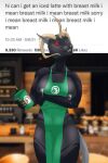  2:3 absurd_res anthro apron apron_only ascar_angainor big_breasts blurred_background bodily_fluids breasts cel_shading chubby_female claws clothed clothing container cup english_text female fur green_apron grey_body grey_fur grey_tail hi_res horn i_mean_breast_milk ineffective_clothing lactating looking_at_viewer mammal meme milk mostly_nude murid murine nipple_slip partially_clothed rat red_eyes rikeesh rodent shaded signature skaven slightly_chubby smile solo starbucks stripes text warhammer_(franchise) warhammer_fantasy 