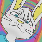  1:1 anthro blue_clothing blue_eyes blue_shirt blue_topwear blush cheek_tuft clothed clothing daisy-marshmallow daisy_(daisy-marshmallow) facial_tuft fur hi_res inner_ear_fluff lagomorph leporid looking_at_viewer mammal portrait rabbit rainbow_background shirt simple_background simple_coloring solo topwear tuft white_body white_fur yellow_inner_ear 