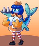  anthro areola big_breasts blue_body blue_eyes blue_hair blue_skin breasts cleavage_cutout clothing dress exposed_breasts female fish fish_tail footwear frilly frilly_clothing gradient_background hair hat headgear headwear huge_breasts hyper hyper_breasts legwear mackenzie_(sprucy) marine milk nipples orange_clothing orange_dress pasties pattern_clothing pattern_legwear pattern_stockings ponytail puffy_areola puffy_nipples ribbons scombrid scombriform shoes simple_background solo sprucy stockings striped_clothing striped_legwear striped_stockings stripes waitress_outfit 