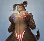  2021 5_fingers american_flag_bikini anthro bethesda_softworks big_breasts bikini breast_grab breast_squeeze breasts claws cleavage clothed clothing deathclaw derek_hetrick fallout female fingers hand_on_breast hi_res holding_breast horn huge_breasts long_claws looking_at_viewer non-mammal_breasts orange_sclera reptile scalie sharp_claws sharp_teeth solo stars_and_stripes swimwear teeth under_boob united_states_of_america video_games 