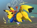  big_butt butt cleft_tail clothed clothing edit female feral festival_style_pikachu genitals hi_res lkiws looking_at_viewer looking_back nintendo pikachu pok&eacute;mon pok&eacute;mon_(species) pokemon_unite pussy simple_background solo thick_thighs video_games wide_hips 
