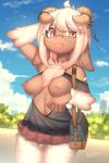  2021 5_fingers absurd_res alternate_version_at_source anthro areola bag blep bovid breasts brown_body caprine chest_tuft clothed clothing cloud curled_horns dated day detailed_background digital_media_(artwork) exposed_breasts eyewear female fingers fluffy fur glasses hair hi_res horn kemono looking_at_viewer mammal navel nipples outside pink_eyes public public_exposure sakura_hichuena shaded sheep signature sky solo tongue tongue_out translucent translucent_clothing tuft white_body white_fur white_hair white_wool wool_(fur) zinfyu 