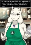  2021 angry annoyed anthro apron apron_only black_eyes boss_monster bovid breasts caprine centinel303 clothing comic_sans container cup curvy_figure digital_media_(artwork) female goat green_apron holding_cup holding_object holding_pen horn i_mean_breast_milk jewelry mammal meme mostly_nude necklace pen shaded side_boob solo starbucks text toriel undertale undertale_(series) video_games voluptuous 