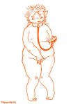  2012 anthro ayeph blush breasts collar collar_only collar_ring covering covering_crotch digital_media_(artwork) embarrassed eulipotyphlan female hedgehog hi_res holding_leash holding_object knees_together leash mamamantis mammal monochrome navel nipples orange_and_white overweight signature simple_background sketch solo spines standing white_background 