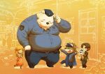  2016 anthro belly black_nose blush bottomwear canid canine canis clothing domestic_dog eyes_closed fur hat headgear headwear human in_a_gamepxv kemono male mammal necktie outside overweight overweight_male pants police police_hat police_officer police_uniform shirt topwear uniform white_body white_fur wolf 