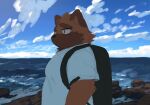  2021 anthro backpack black_nose brown_body brown_fur canid canine canis ch3cooh1231 clothing cloud detailed_background domestic_dog fur hi_res kemono male mammal outside shirt slightly_chubby solo topwear water 