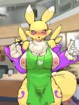  2021 3:4 anthro apron apron_only areola bandai_namco big_breasts black_nose blurred_background blush bodily_fluids breasts chest_tuft cleavage clothed clothing container cup digimon digimon_(species) exposed_breasts fangs female fur genital_fluids green_apron hi_res holding_cup holding_object holding_pen i_mean_breast_milk ice_cube inside lactating legs_together looking_at_viewer meme milk mostly_nude multicolored_body multicolored_fur nipples open_mouth pen pussy_juice rapel renamon shocked sleeves solo standing tuft two_tone_body two_tone_fur wet wet_clothing white_body white_fur yellow_body yellow_fur 