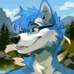  1:1 2019 anthro black_nose blue_body blue_fur blue_hair canid canine day detailed_background digital_media_(artwork) fur hair jjeniac low_res male mammal open_mouth outside sky smile solo teeth tongue 