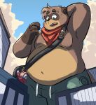  andythetanuki anthro asinus bandanna bodily_fluids bottomwear canid canine city cityscape clothing delivery_(commerce) delivery_employee donkey duo equid equine hi_res kerchief macro male male/male mammal micro overweight pants raccoon_dog satchel size_difference size_play slightly_chubby slim sweat tanuki 