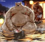  2021 absurd_res anthro balls belly black_nose blush brown_body brown_fur canid canine canis detailed_background domestic_dog duo flaccid fur genitals hi_res humanoid_genitalia humanoid_hands humanoid_penis kemono kumajjjj male male/male mammal night obese obese_male outside overweight overweight_male penis sitting towel ursid water white_body white_fur 