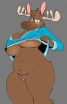  2021 anthro antlers belly big_breasts blush bottomless bottomless_anthro bottomless_female breast_squish breasts brown_body brown_fur brown_hair capreoline cervid cleavage clothed clothing curvy_figure digital_media_(artwork) eyelashes female fingers fur genitals grey_background hair hi_res horn huge_breasts looking_at_viewer mammal moose navel pussy simple_background simple_eyes sketchytoasty slightly_chubby smile solo squish sweater sweater_lift thick_thighs topwear under_boob voluptuous wide_hips 