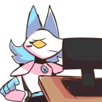  1:1 android anthro blue_hair blush blush_stickers computer deltarune domestic_cat felid feline felis female hair hi_res humor machine mammal norichui reaction_image robot shocked_expression solo tasque_manager the_truth undertale_(series) video_games yellow_eyes 