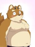  anthro belly black_nose blush bottomwear canid canine clothing cute_fangs incubus! ink_incuberia kemono male mammal moobs nipples overweight overweight_male pants simple_background solo unknown_artist white_background 