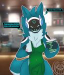  absurd_res anthro apron apron_only bodily_fluids breast_squish breasts clothing female green_apron hi_res i_mean_breast_milk lactating machine meme mostly_nude nikowari_(artist) one_breast_out protogen solo squish 