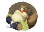  08_jinkou_31 2021 anthro belly brown_body brown_fur canid canine clothing footwear fur gyobu hi_res jewelry jinku_56 lifewonders male mammal navel necklace nipples overweight raccoon_dog reclining scar socks solo tanuki tokyo_afterschool_summoners video_games 