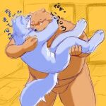  1:1 2014 anthro bedroom belly black_nose blue_body blue_fur blush brown_body brown_fur canid canine canis carrying duo fur inside japanese_text kemono low_res male male/male mammal navel overweight overweight_male text ursid wolf yukikazefactory 