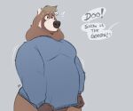  ailurid anthro bottomless clothed clothing clothing_pull dialogue hi_res hybrid looking_away male mammal minedoo minedoo_(character) overweight overweight_male red_panda solo speech_bubble sweater topwear topwear_only topwear_pull ursid 