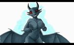  anthro big_breasts black_bars black_body black_skin breasts demon ewgengster_(artist) female horn jinn letterbox looking_at_viewer nude simple_background smile solo teeth wings yetzer_hara 