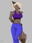  3:4 animal_humanoid anthro athletic athletic_anthro athletic_female blep blonde_hair bottomwear bra breasts brown_body brown_fur canid canid_humanoid canine canine_humanoid canis clothed clothing digital_media_(artwork) female fur hair hand_on_hip hi_res humanoid ida keesthewolf leggings legwear looking_at_viewer mammal mammal_humanoid multicolored_body multicolored_fur navel pants portrait shaded signature simple_background sketch solo sports_bra sportswear standing tongue tongue_out topwear underwear wolf yoga_pants 