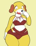  absurd_res anthro blush canid clothing embarrassed female hi_res mammal martha_lorraine red_clothing solo thick_thighs toonarscontent wide_hips yellow_body 