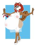  anthro belly beverage big_belly blue_eyes breasts chipmunk clothing female ground_squirrel hair hi_res high_heels mammal nipples platform_footwear platform_heels pregnant red_hair rodent sciurid solo surprised_expression tomomitartini translucent translucent_clothing 