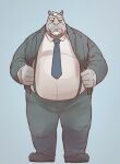  2020 anthro belly blue_background bottomwear clothing grey_body hi_res humanoid_hands kemono kuki1210 male mammal mature_male necktie overweight overweight_male pants rhinocerotoid shirt simple_background solo suspenders topwear 
