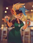  2021 4_fingers activision anthro apron bandicoot beauty_mark beverage blonde_hair blue_hair blurred_background breasts cafe cleavage clothed clothing container crash_bandicoot_(series) cup drinking_straw eyebrows eyelashes female fingers fur green_eyes hair hat headgear headwear hi_res holding_cup holding_object i_mean_breast_milk inner_ear_fluff inside looking_at_viewer magaska19 mammal marsupial meme mohawk orange_body orange_fur pirate_tawna shirt signature solo starbucks tan_body tan_fur topwear tuft video_games 