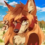  1:1 2019 anthro black_nose breasts canid canine canis clothed clothing coyote day detailed_background digital_media_(artwork) female jjeniac low_res mammal outside sky smile solo 
