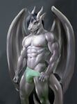  abs anthro biceps bleakcat briefs bulge claws clothed clothing deltoids dragon ears_up fangs fist gradient_background grey_sclera hair hi_res horn looking_at_viewer male membrane_(anatomy) membranous_wings muscular navel nipples obliques pecs pulling_underwear pulling_underwear_down quads reptile scalie simple_background solo standing triceps underwear underwear_only v-cut western_dragon wings 