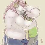  1:1 2017 anthro belly blush bottomwear bovid bovine bulge cattle clothing duo embrace hug humanoid_hands kemono male male/male mammal overweight overweight_male pants shirt simple_background topwear totemoii_029 