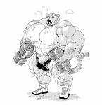  2018 anthro big_muscles big_pecs big_penis bodily_fluids breath clothing dumbbell fangs felid feline footwear genitals holding_object huge_muscles huge_penis hyper hyper_genitalia hyper_muscles hyper_penis male mammal monochrome muscular nipples open_mouth panting pecs penis plantigrade shores simple_background socks solo stagor55 standing sweat tongue tongue_out underwear vein veiny_penis weights white_background 