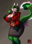  2021 absurd_res anthro big_breasts biped bottomwear breasts canid canine cheek_tuft cleavage clothed clothing curvy_figure digital_drawing_(artwork) digital_media_(artwork) djpuppeh english_text facial_tuft female fluffy fluffy_ears fluffy_tail fox fur green_body green_fur hair hi_res hourglass_figure hybrid lips lipstick long_ears long_hair long_tail makeup mammal monotone_background pencil_skirt plantigrade portrait red_lips sergal simple_background skirt solo suit text thick_lips tuft voluptuous 