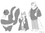  2017 anthro belly bottomwear canid canine canis clothing domestic_dog dragon group hoodie izvy_(artist) male mammal mephitid navel overweight overweight_male pants shirt simple_background sketch skunk topwear white_background 