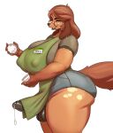  anthro apron balls big_breasts big_penis black_balls black_lips black_penis bodily_fluids breasts brown_eyewear brown_glasses brown_hair brown_tail canid canine clothing container cup ear_piercing ear_ring erection eyewear facial_piercing genital_fluids genitals glasses gynomorph hair hi_res huge_breasts i_mean_breast_milk intersex lip_piercing lip_ring lips mammal markings meme mole_(marking) msvondran name_tag nipple_outline obese overweight penis piercing precum ring simple_background solo white_background yellow_eyes 