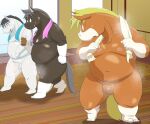  2021 absurd_res anthro balls belly black_body bodily_fluids brown_body detailed_background equid equine flaccid genitals group hi_res horse humanoid_genitalia humanoid_hands humanoid_penis inside kemono male mammal moobs navel nipples overweight overweight_male penis siretoko_panda small_penis sweat towel towel_around_neck white_body 