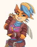  2021 activision anthro belt blue_eyes breasts clothing crash_bandicoot_(series) ear_piercing ear_ring female fingerless_gloves gloves hair handwear hi_res jacket mammal marsupial melee_weapon multicolored_hair piercing pirate_tawna scarf simple_background smile solo sword teeth topwear video_games weapon white_background yuta_agc 