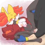  1:1 anthro belly blush bodily_fluids breasts censor_bar censored delphox duo female from_front_position genital_fluids genitals human ineffective_censorship interspecies male male/female mammal mochimochi39mo nintendo nipples open_mouth pok&eacute;mon pok&eacute;mon_(species) pok&eacute;philia pussy spread_legs spreading tears video_games 