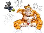  2016 4:3 anthro balls black_body black_fur canid canine felid flaccid fur genitals humanoid_genitalia humanoid_hands humanoid_penis japanese_text kemono male mammal overweight overweight_male pantherine penis simple_background sitting solo text tiger white_background white_body white_fur yellow_body yellow_fur yukikazefactory 